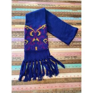 Vintage Knit Scarf Navy Purple Mustard Fair Isle Winter Snow Retro 80s 90s